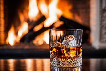 Glass of whiskey with ice on the background of a burning fireplace, AI Generated illustrationの素材