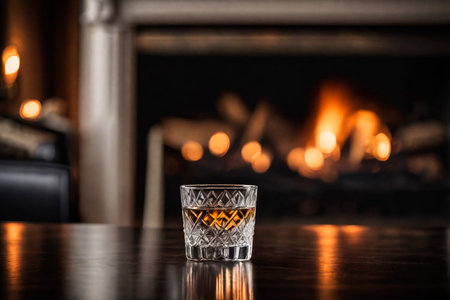 Glass of vodka on the background of a burning fireplace, AI Generated illustrationの素材