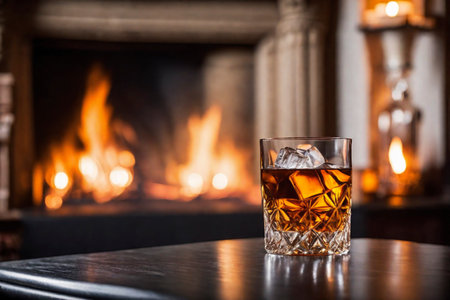Glass of whiskey with ice on the background of a burning fireplace, AI Generated illustrationの素材
