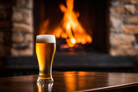 Glass of fresh and cold beer on the background of a burning fireplace, AI Generated illustrationの素材