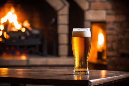 Glass of fresh and cold beer on the background of a burning fireplace, AI Generated illustrationの素材