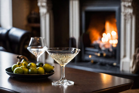 Glass of martini on the background of a burning fireplace, AI Generated illustrationの素材
