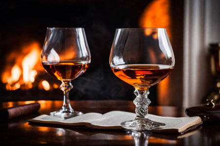 Glass of cognac on the background of a burning fireplace, AI Generated illustrationの素材