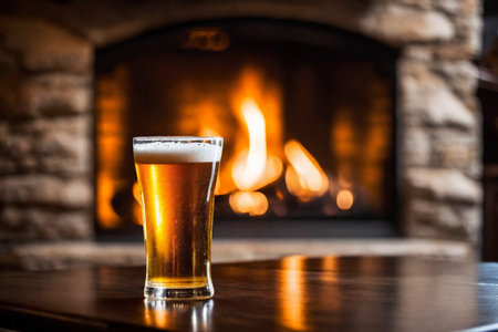 Glass of fresh and cold beer on the background of a burning fireplace, AI Generated illustrationの素材