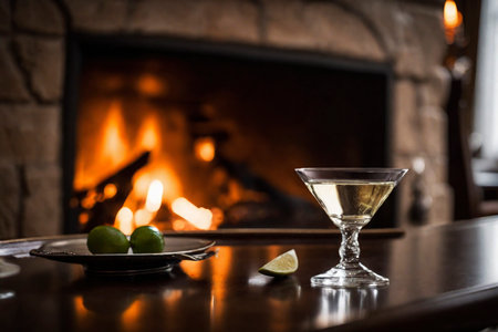 Glass of martini on the background of a burning fireplace, AI Generated illustrationの素材