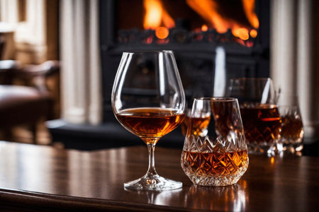Glass of cognac on the background of a burning fireplace, AI Generated illustrationの素材