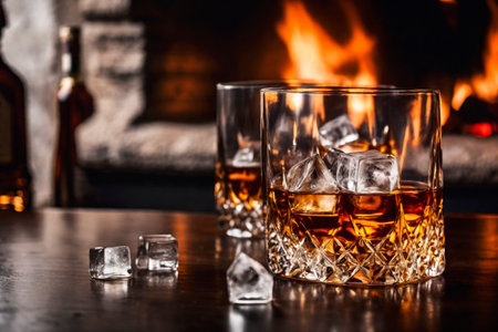 Glass of whiskey with ice on the background of a burning fireplace, AI Generated illustrationの素材