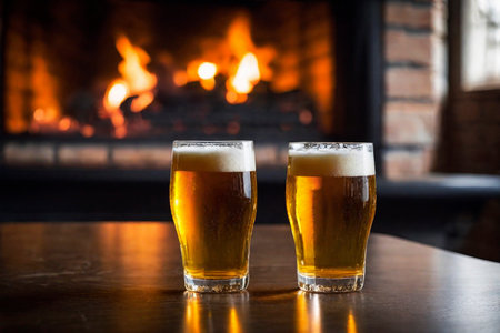 Glass of fresh and cold beer on the background of a burning fireplace, AI Generated illustrationの素材