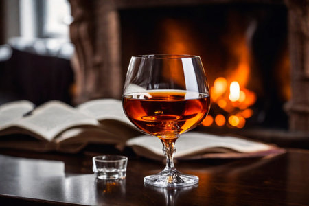 Glass of cognac on the background of a burning fireplace, AI Generated illustrationの素材