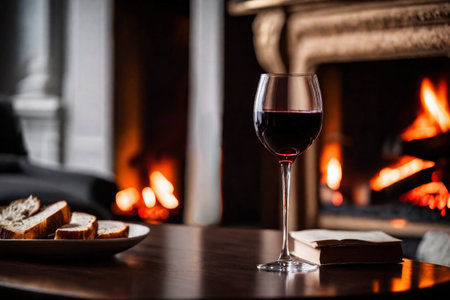 Glass of wine on the background of a burning fireplace, AI Generated illustrationの素材