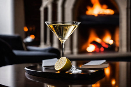 Glass of martini on the background of a burning fireplace, AI Generated illustrationの素材