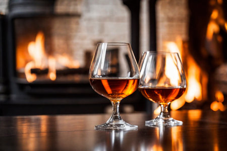 Glass of cognac on the background of a burning fireplace, AI Generated illustrationの素材