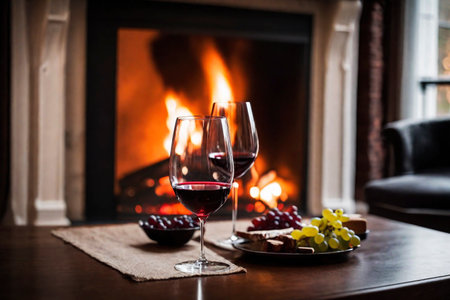 Glass of wine on the background of a burning fireplace, AI Generated illustrationの素材