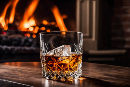 Glass of whiskey with ice on the background of a burning fireplace, AI Generated illustrationの素材