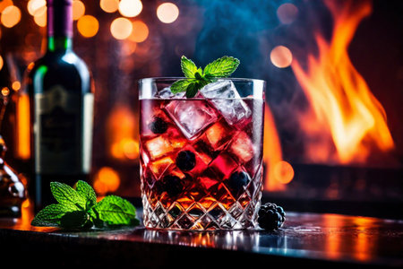 Refreshment alcoholic cocktail with ice, mint and berries in a bar, night club party with soft drinks, against the background of a bar counter with different bottles, AI Generated illustrationの素材