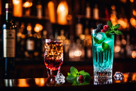 Refreshment alcoholic cocktail with ice, mint and berries in a bar, night club party with soft drinks, against the background of a bar counter with different bottles, AI Generated illustrationの素材