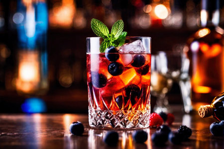 Refreshment alcoholic cocktail with ice, mint and berries in a bar, night club party with soft drinks, against the background of a bar counter with different bottles, AI Generated illustrationの素材
