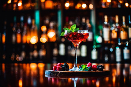 Refreshment alcoholic cocktail with ice, mint and berries in a bar, night club party with soft drinks, against the background of a bar counter with different bottles, AI Generated illustrationの素材
