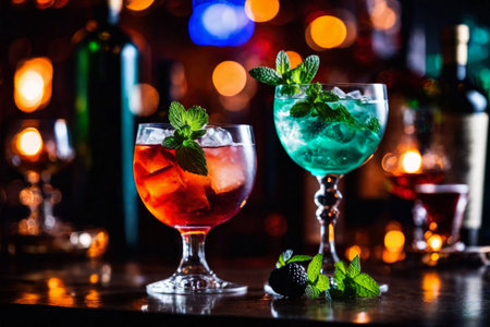 Refreshment alcoholic cocktail with ice, mint and berries in a bar, night club party with soft drinks, against the background of a bar counter with different bottles, AI Generated illustrationの素材