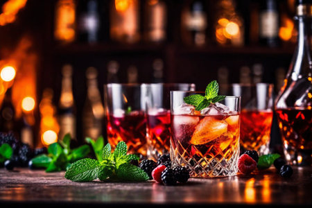 Refreshment alcoholic cocktail with ice, mint and berries in a bar, night club party with soft drinks, against the background of a bar counter with different bottles, AI Generated illustrationの素材