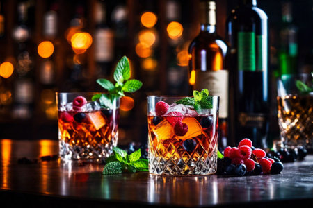 Refreshment alcoholic cocktail with ice, mint and berries in a bar, night club party with soft drinks, against the background of a bar counter with different bottles, AI Generated illustrationの素材