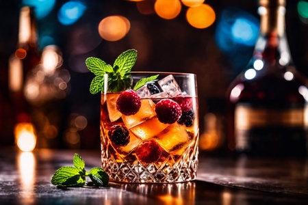 Refreshment alcoholic cocktail with ice, mint and berries in a bar, night club party with soft drinks, against the background of a bar counter with different bottles, AI Generated illustrationの素材