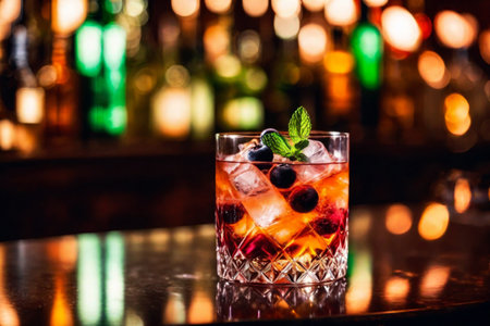 Refreshment alcoholic cocktail with ice, mint and berries in a bar, night club party with soft drinks, against the background of a bar counter with different bottles, AI Generated illustrationの素材