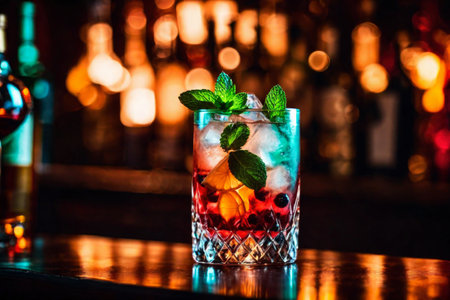 Refreshment alcoholic cocktail with ice, mint and berries in a bar, night club party with soft drinks, against the background of a bar counter with different bottles, AI Generated illustrationの素材