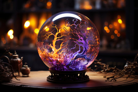 Magic crystal ball for fortune telling with flame and smoke on a dark background, AI Generated illustrationの素材