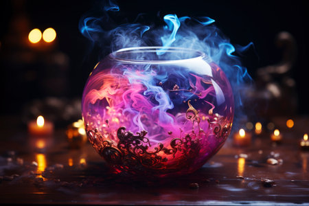 Witch cauldron with boiling luminous potion and various magic ritual attributes for alchemy, spooky wallpaper for Halloween, AI Generated illustrationの素材