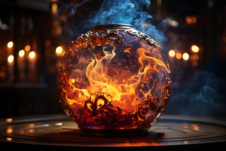 Magic crystal ball for fortune telling with flame and smoke on a dark background, AI Generated illustrationの素材