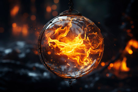 Magic crystal ball for fortune telling with flame and smoke on a dark background, AI Generated illustrationの素材
