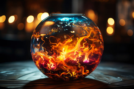 Magic crystal ball for fortune telling with flame and smoke on a dark background, AI Generated illustrationの素材
