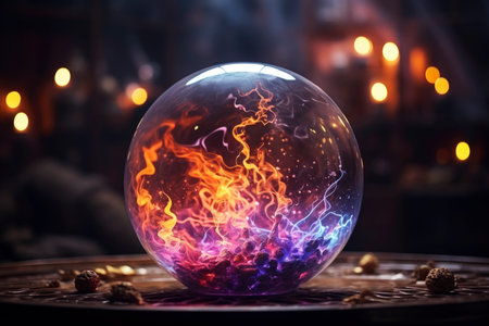 Magic crystal ball for fortune telling with flame and smoke on a dark background, AI Generated illustrationの素材