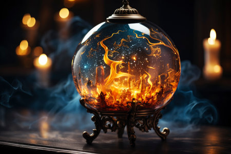 Magic crystal ball for fortune telling with flame and smoke on a dark background, AI Generated illustrationの素材