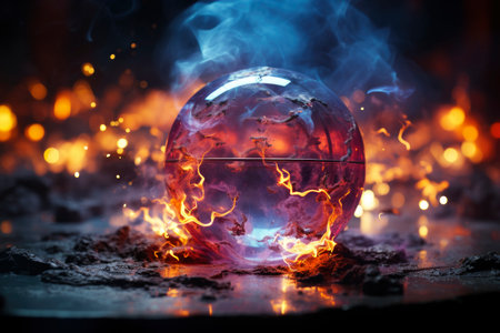 Magic crystal ball for fortune telling with flame and smoke on a dark background, AI Generated illustrationの素材