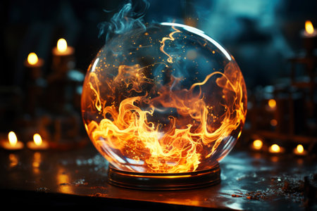 Magic crystal ball for fortune telling with flame and smoke on a dark background, AI Generated illustrationの素材