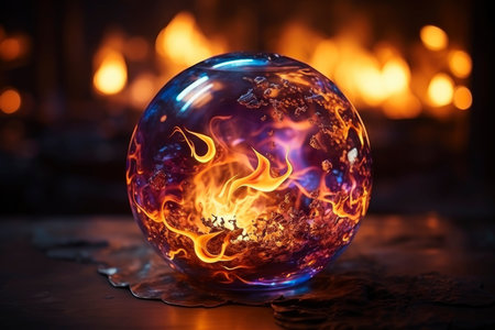 Magic crystal ball for fortune telling with flame and smoke on a dark background, AI Generated illustrationの素材