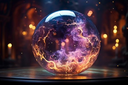 Magic crystal ball for fortune telling with flame and smoke on a dark background, AI Generated illustrationの素材