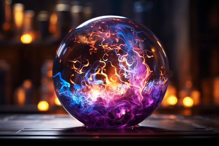 Magic crystal ball for fortune telling with flame and smoke on a dark background, AI Generated illustrationの素材
