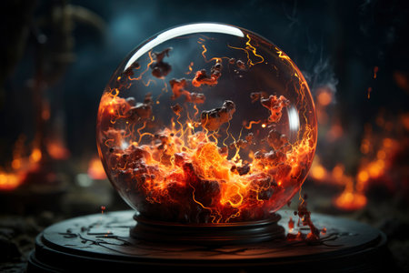 Magic crystal ball for fortune telling with flame and smoke on a dark background, AI Generated illustrationの素材
