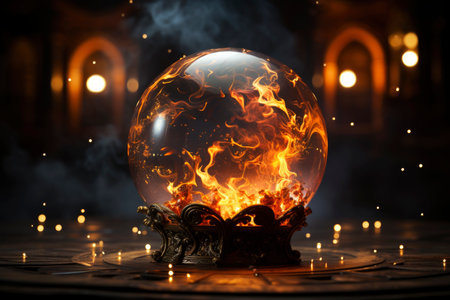 Magic crystal ball for fortune telling with flame and smoke on a dark background, AI Generated illustrationの素材