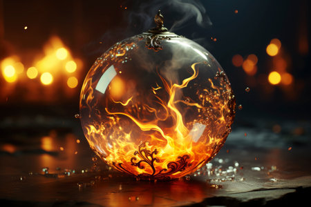 Magic crystal ball for fortune telling with flame and smoke on a dark background, AI Generated illustrationの素材