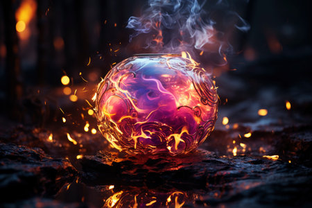 Magic crystal ball for fortune telling with flame and smoke on a dark background, AI Generated illustrationの素材