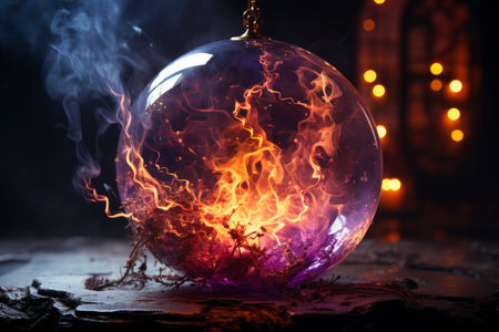 Magic crystal ball for fortune telling with flame and smoke on a dark background, AI Generated illustrationの素材