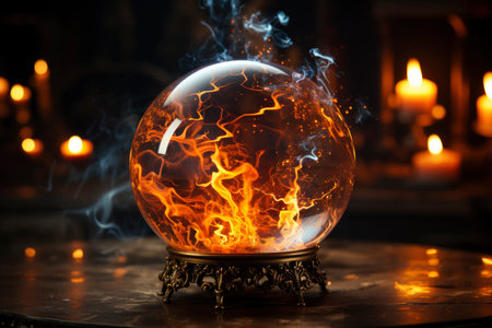 Magic crystal ball for fortune telling with flame and smoke on a dark background, AI Generated illustrationの素材