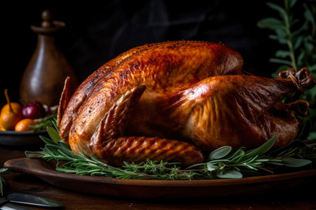 Homemade festive baked turkey for Thanksgiving with vegetables, AI Generated illustrationの素材