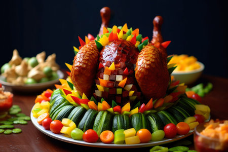 Homemade festive baked turkey for Thanksgiving with vegetables, AI Generated illustrationの素材