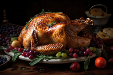 Homemade festive baked turkey for Thanksgiving with vegetables, AI Generated illustrationの素材