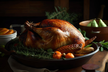Homemade festive baked turkey for Thanksgiving with vegetables, AI Generated illustrationの素材